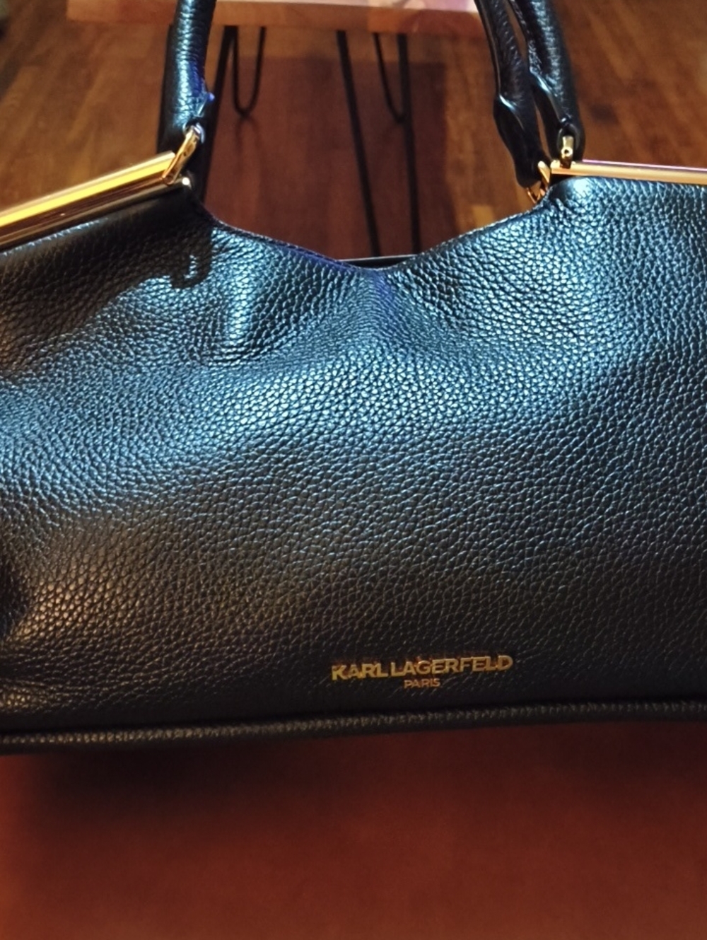 Karl Lagerfeld Black Pebbled Shoulder Bag with Gold Hardware